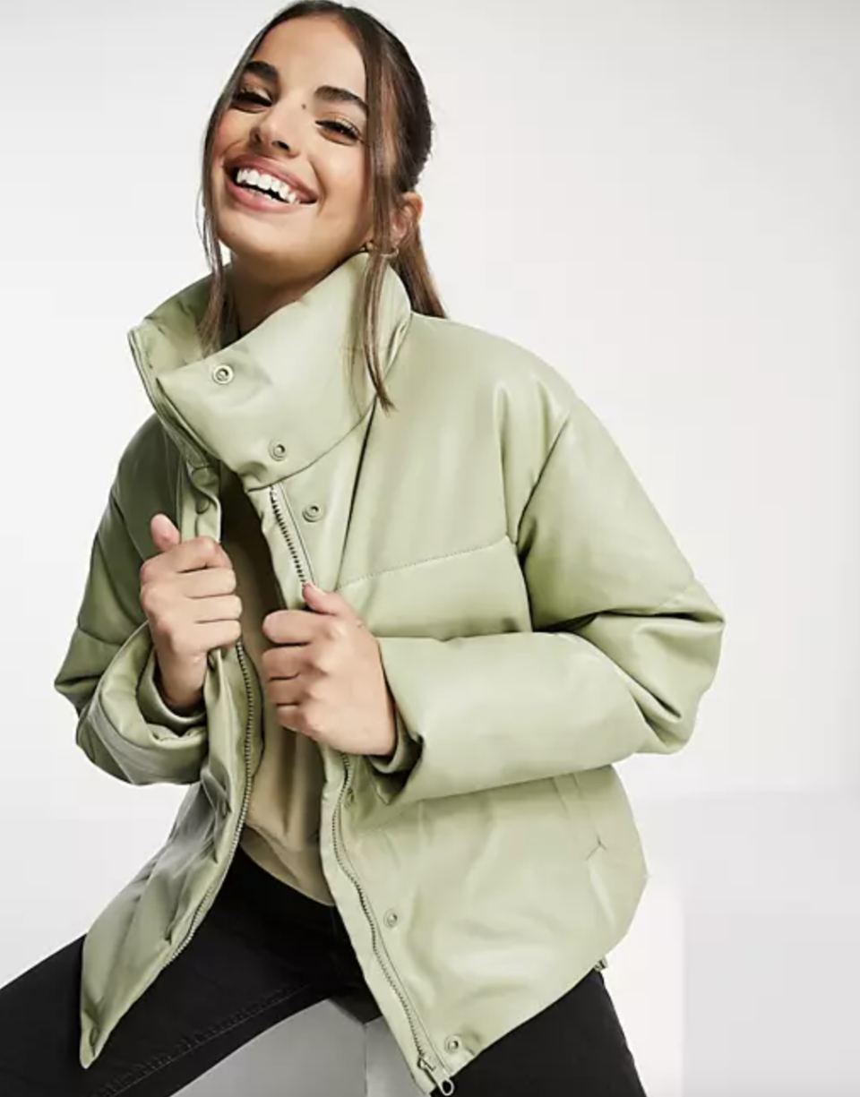 Stradivarius Faux Leather Padded Puffer Jacket in light green leather