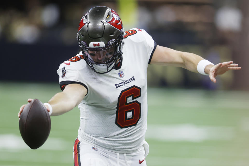 NEW ORLEANS, LOUISIANA - OCTOBER 01: Baker Mayfield #6 of the Tampa Bay Buccaneers hands the ball off during the first half against the New Orleans Saints at Caesars Superdome on October 01, 2023 in New Orleans, Louisiana. (Photo by Chris Graythen/Getty Images)