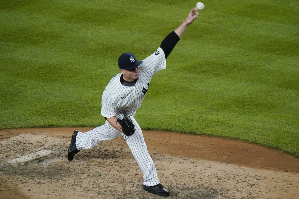 New York Yankees' Justin Wilson delivers a pitch during the eighth inning of a baseball game against the Boston Red Sox, Friday, July 16, 2021, in New York. The Red Sox won 4-0. (AP Photo/Frank Franklin II)