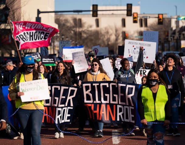 PHOTO: In this Feb. 11, 2023, file photo, people march through downtown Amarillo to protest a lawsuit to ban the abortion drug mifepristone, in Amarillo, Texas. (Justin Rex/AP, FILE)