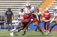 Wisconsin wide receiver Quincy Burroughs (5) runs the ball during the second day of football training camp at UW-Platteville in Platteville, Wis., Thursday, Aug. 3, 2023. (Samantha Madar/Wisconsin State Journal via AP)