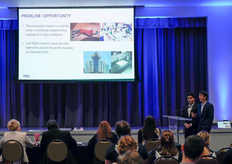 Royce Eggert and Samuel Gomez pitch their idea during the Volusia County Schools Career and Technical Education Pitch Competition in Deltona, Tuesday, March 28, 2023.