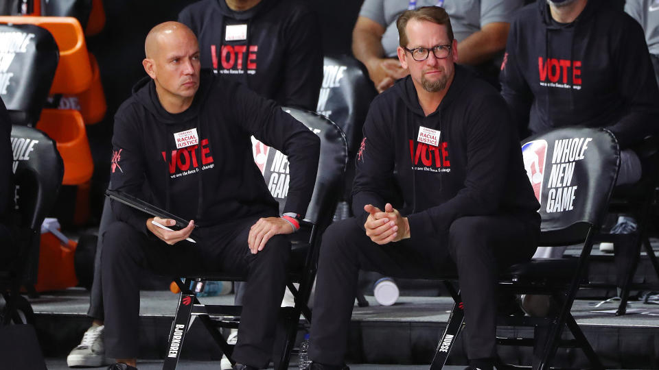 Nick Nurse shot down a report that claimed Nate Bjorkgren used to police access to him with players and staff. (Photo by Joe Murphy/NBAE via Getty Images)