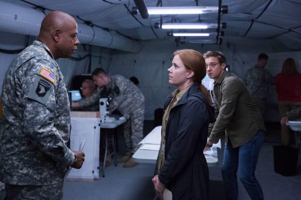 <p>As 12 massive spaceships land in different countries around the world, linguistics expert Dr. Louise Banks (Amy Adams<span>) </span>and her team travel the globe to communicate with extraterrestrial life before the planet enters into a violent war of the worlds. The film also stars Jeremy Renner, Forest Whitaker and Michael Stuhlberg and is adapted from Ted Chiang's sci-fi short story "The Story of Your Life."</p><p>Watch the trailer <a rel="nofollow noopener" href="https://www.youtube.com/watch?v=tFMo3UJ4B4g" target="_blank" data-ylk="slk:here;elm:context_link;itc:0;sec:content-canvas" class="link ">here</a>.</p>