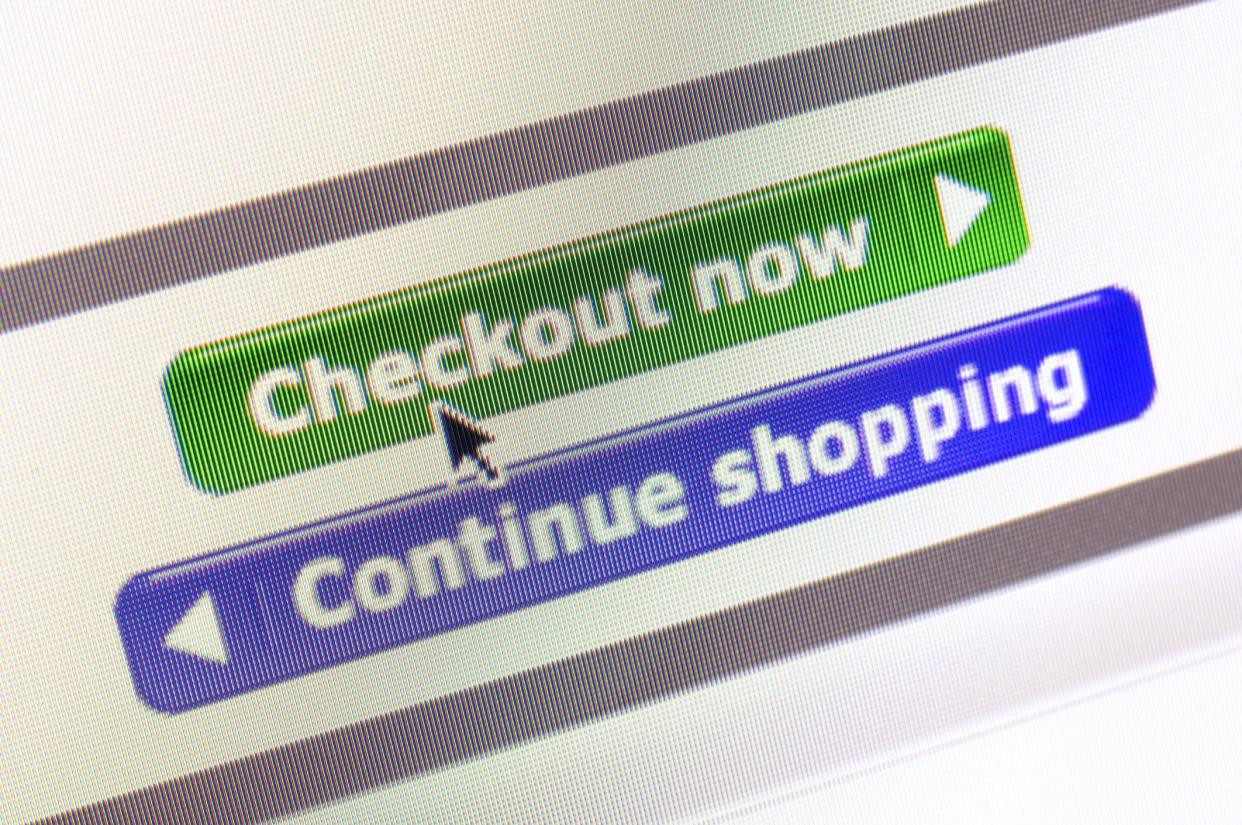 Computer screen showing closeup of two shopping buttons with mouse pointer over 'Checkout now' button. Other button is 'Continue shopping'.