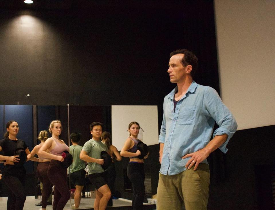 Nathan Darrow rehearses with the cast of “A Chorus Line,” which runs Aug. 10-27 at Music Theater Heritage.