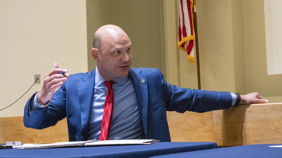 Kansas Secretary of State Scott Schwab leads a June 21, 2024, meeting of the Kansas Objections Board at Schwab's office in Topeka.