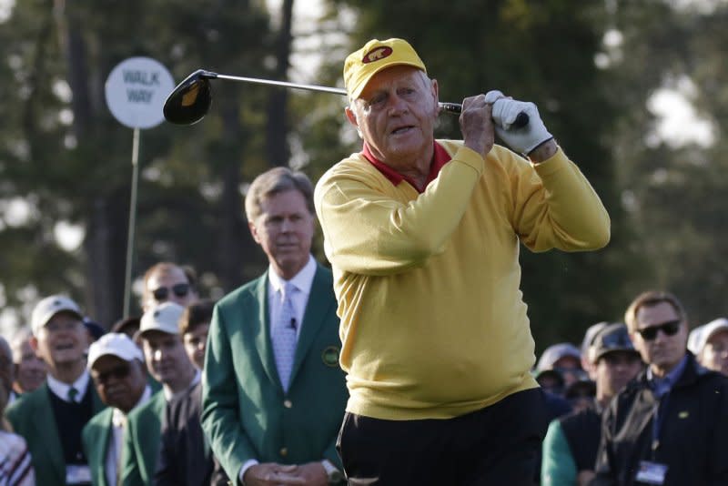 Jack Nicklaus hits the ceremonial first tee shot with Gary Player before the first round at the 2019 Masters Tournament at Augusta National Golf Club in Augusta, Ga., on April 11. He turns 84 on January 21. File Photo by John Angelillo/UPI