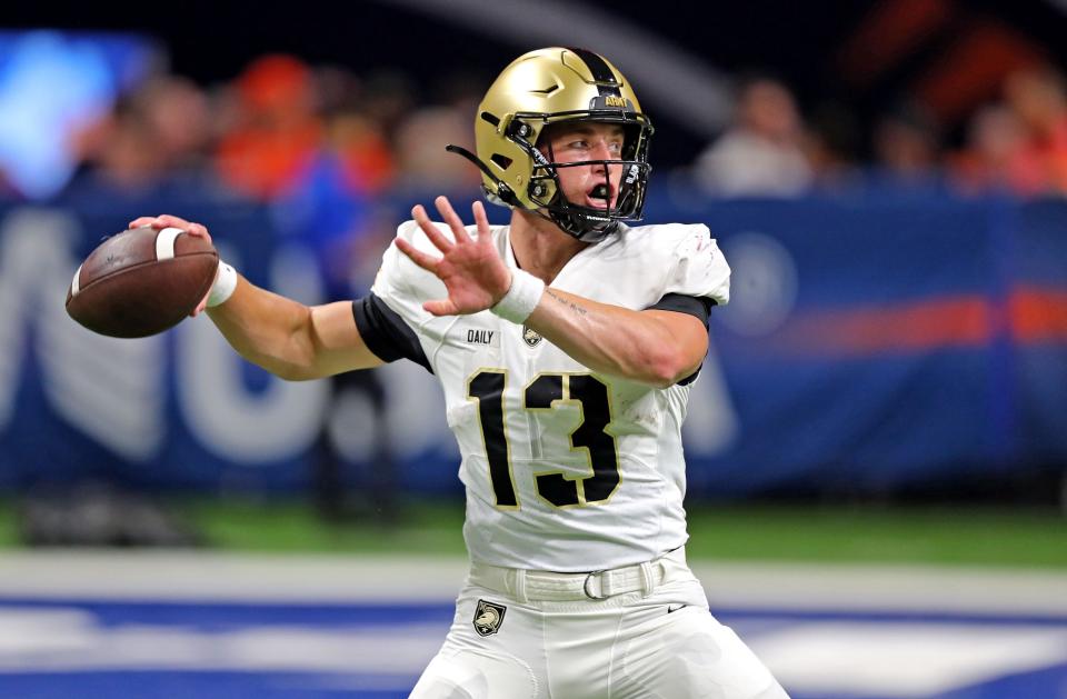 Sep 15, 2023; San Antonio, Texas, USA; Army Black Knights quarterback Bryson Daily (13) throws a pass before the first half against the UTSA Roadrunners at the Alamodome. Mandatory Credit: Danny Wild-USA TODAY Sports