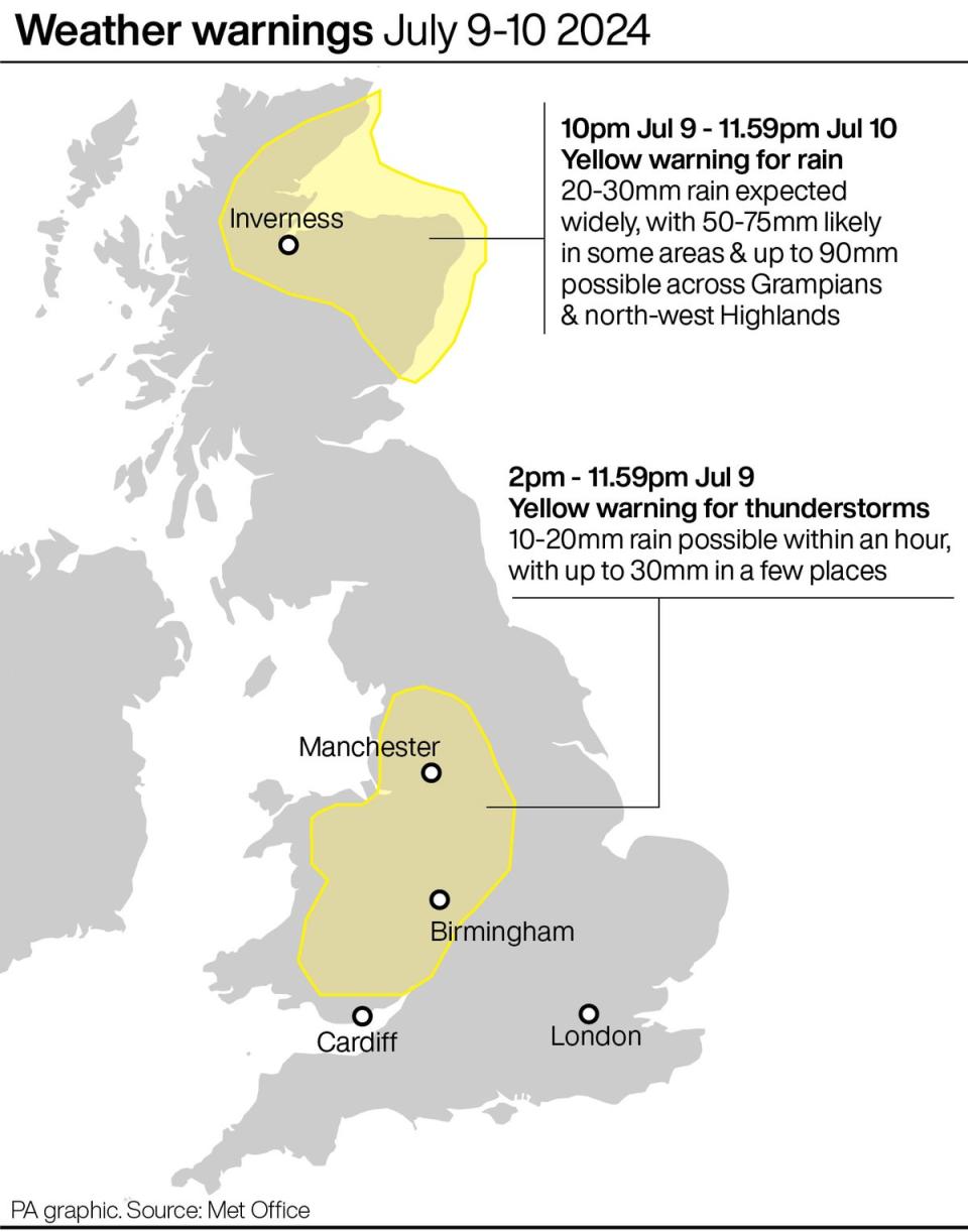 Two yellow weather warnings will be in place across Tuesday and Wednesday (PA Wire)