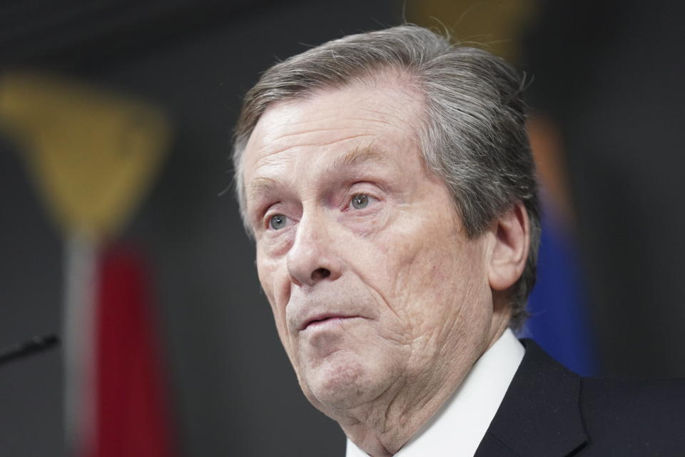 Toronto Mayor John Tory speaks during a news conference at City Hall in Toronto, Ontario, Friday, Feb. 10, 2023. Tory says he is resigning after acknowledging he had an affair with a former staffer. (Arlyn McAdorey/The Canadian Press via AP)