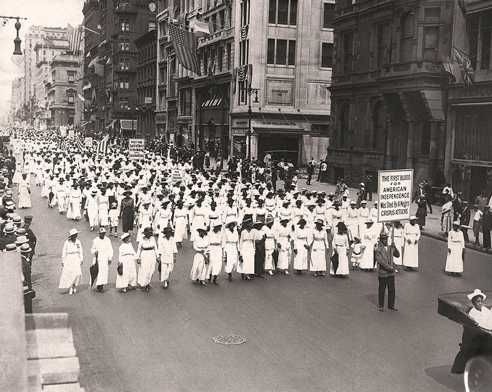 A silent march, to protest the police treatment of Black people in East St. Louis, in New York City, 1917. | Underwood Archives/Getty Images