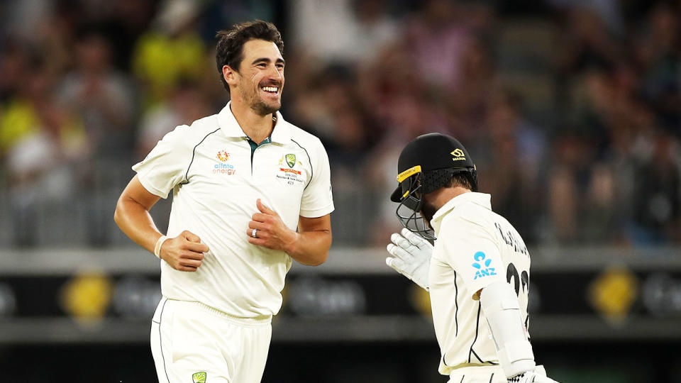 Seen here, Mitchell Starc celebrates one of his wickets on day two against New Zealand.