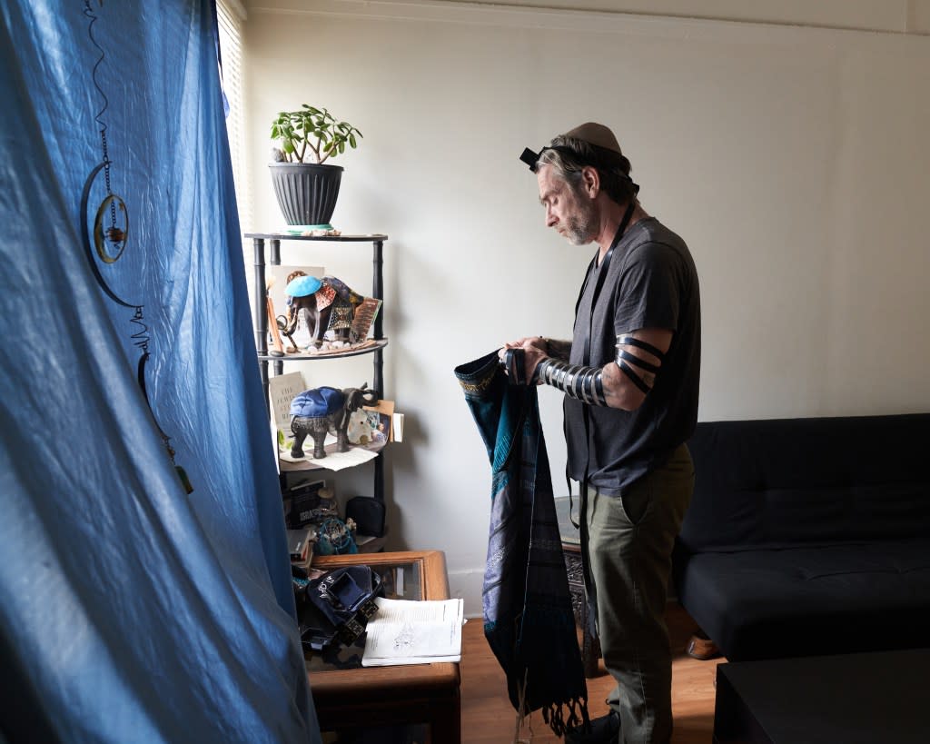 Meeink now wears tallittand tefillin three times a day to pray, keeps kosher and attends synagogue after first renouncing being a new-Nazi, then being shocked to discover he was Jewish, which he calls “a beautiful gify from God.” Margot Judge for NY Post