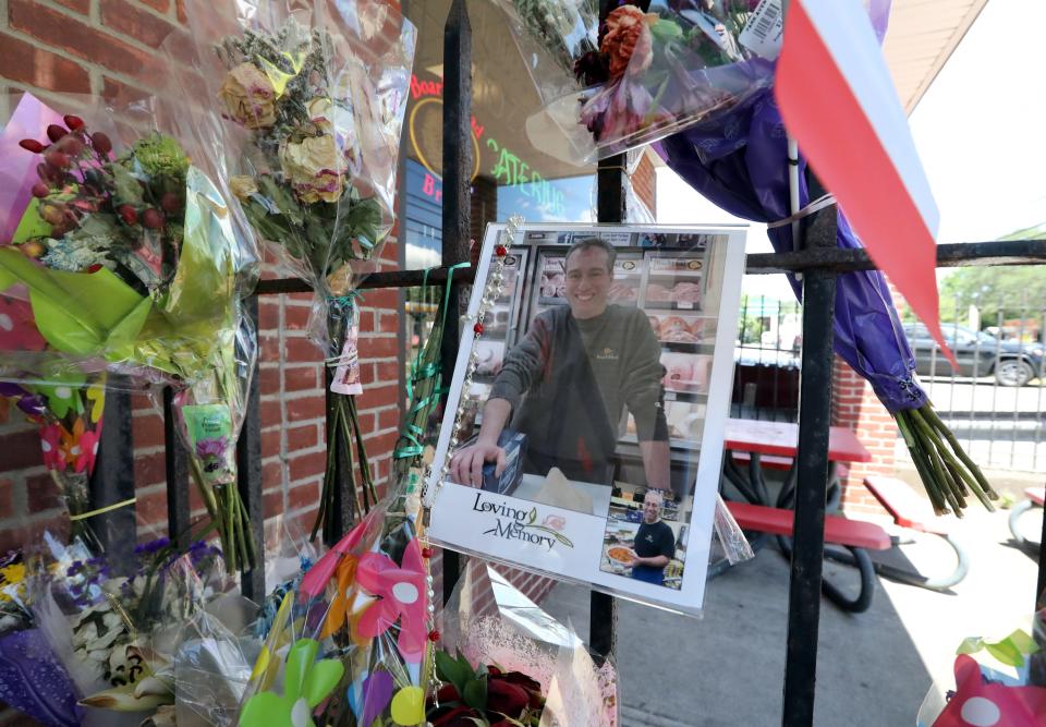 A memorial for Anthony Apostolico in front of his deli, the Italian Food Center in West Haverstraw June 28, 2022. Apostolico was killed by a falling tree on the northbound Palisades Interstate Parkway. 