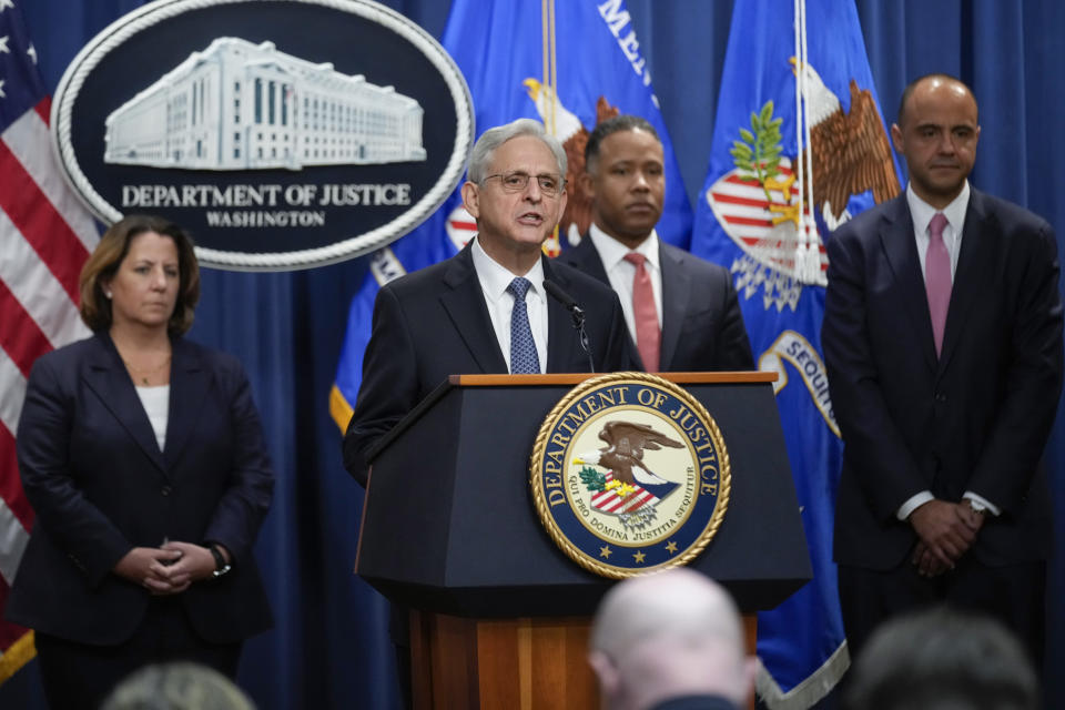 Attorney General Merrick Garland announces Jack Smith as special counsel to oversee the Justice Department's investigation into the presence of classified documents at former President Donald Trump's Florida estate and aspects of a separate probe involving the Jan. 6 insurrection and efforts to undo the 2020 election, at the Justice Department in Washington, Friday, Nov. 18, 2022. From left, Deputy Attorney General Lisa Monaco, Assistant Attorney General for the Criminal Division Kenneth Polite and U.S. Attorney for the District of Columbia Matthew Graves listen. (AP Photo/Andrew Harnik)