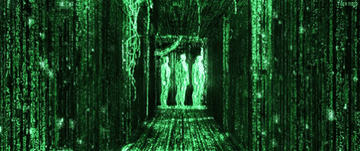 Three men stand at the end of a hall in "Matrix" code