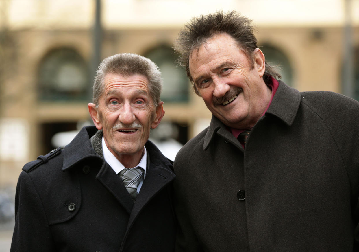 The Chuckle Brothers, Barry and Paul Elliott, arrive at Southwark Crown Court in London, where they wil appear as witnesses in the trial of Former DJ Dave Lee Travis who is accused of 13 counts of indecent assault dating back to between 1976 and 2003, and one count of sexual assault in 2008.   (Photo by Yui Mok/PA Images via Getty Images)