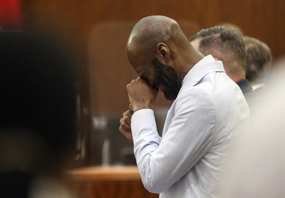 Andre Jackson reacts before the jury reads the verdict for his murder trial at the Harris County Criminal Courthouse, Tuesday, May 3, 2022, in Houston. Jackson was convicted in the fatal stabbing of an 11-year-old Houston boy as the child walked home from school in 2016. (Godofredo A. Vásquez/Houston Chronicle via AP)