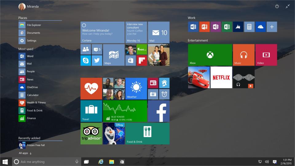 New Windows 10 start menu