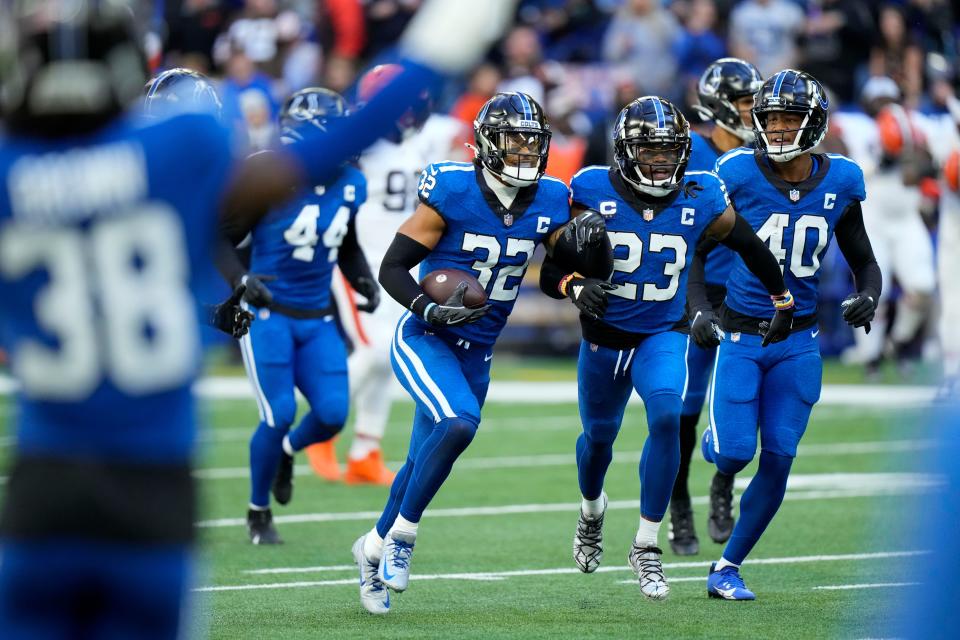 Colts safety Julian Blackmon (32) celebrates after intercepting a pass during the first half against the Browns, Oct. 22, 2023, in Indianapolis.