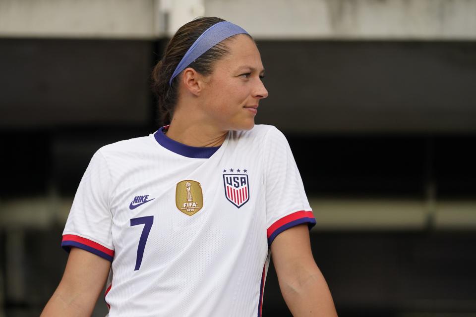 United States’ Ashley Hatch looks on prior to an international friendly soccer match against Nigeria, Tuesday, Sept. 6, 2022, in Washington. Hatch will be competing with the U.S. national team again next week in Utah. | Julio Cortez, Associated Press