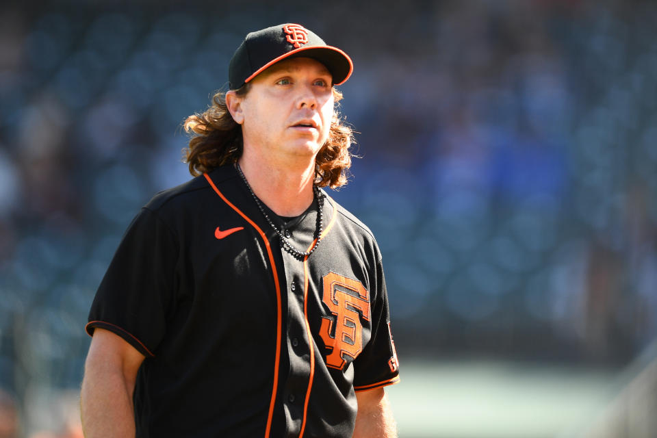 SAN FRANCISCO, CA - MAY 22: San Francisco Giants pitcher Scott Kazmir (19) looks on during a MLB game between the Los Angeles Dodgers and the San Francisco Giants on May 22, 2021 at Oracle Park in San Francisco, CA. (Photo by Brian Rothmuller/Icon Sportswire via Getty Images)