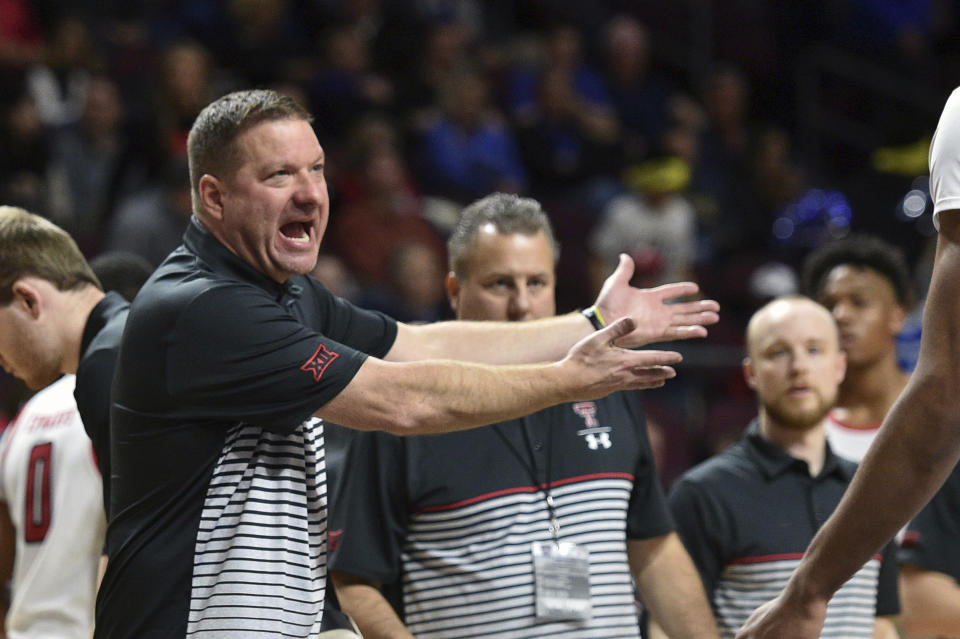 Texas Tech coach Chris Beard gestures during a timeout in the second half of the team's NCAA college basketball game against Creighton on Friday, Nov. 29, 2019, in Las Vegas. (AP Photo/David Becker)