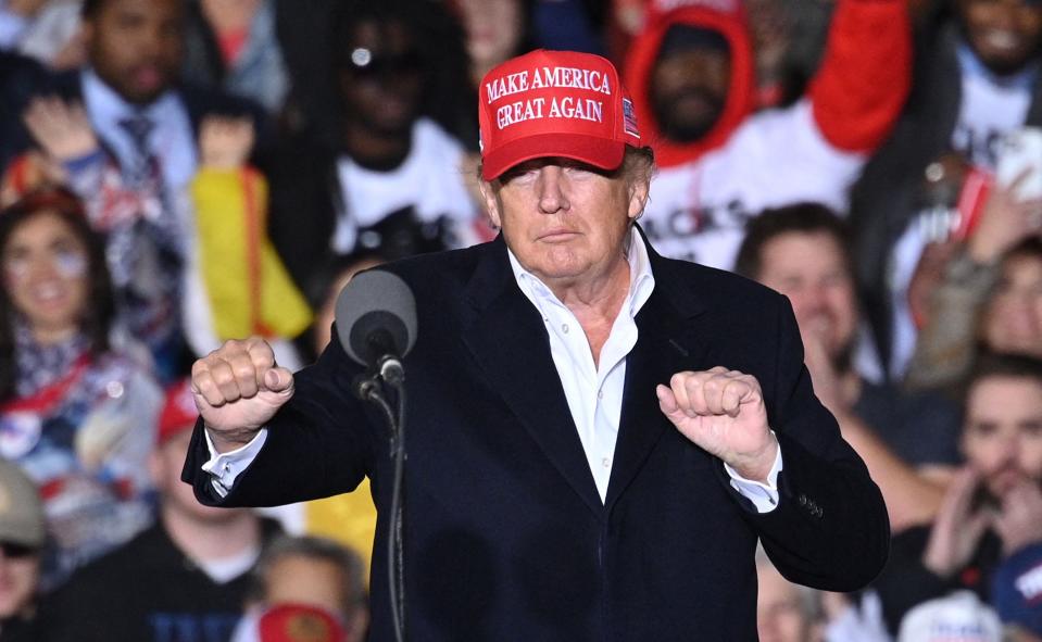 Former President Donald Trump speaks Jan. 15, 2022, during a rally at the Canyon Moon Ranch festival grounds in Florence, Arizona, southeast of Phoenix.