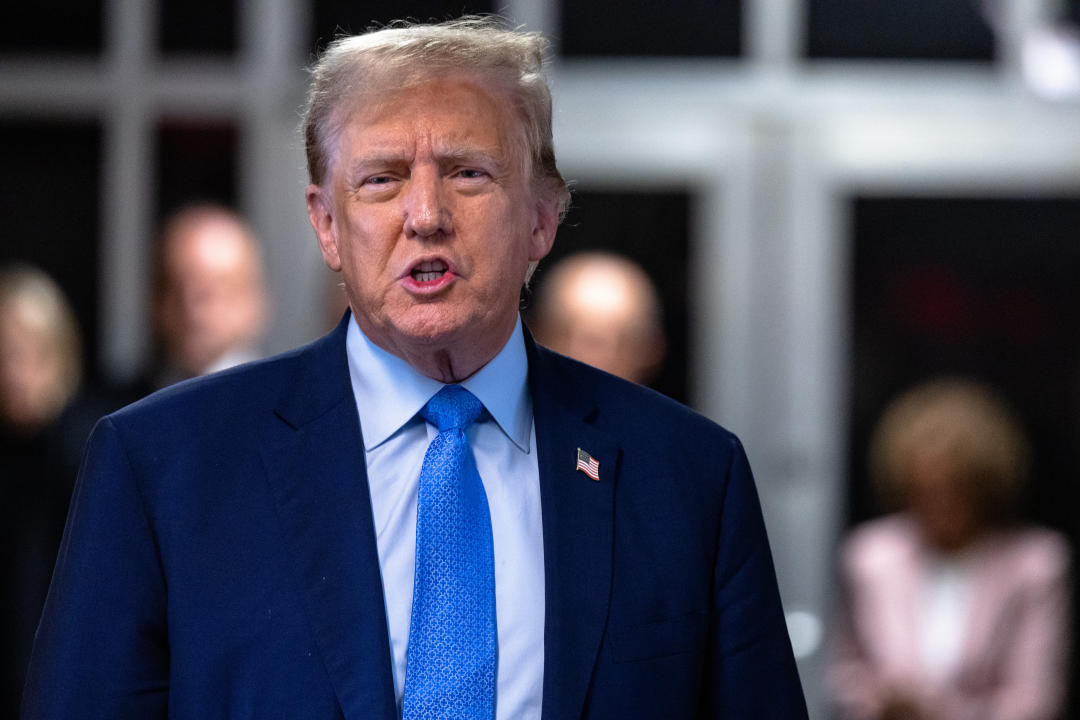 Former President Donald Trump speaks to members of the media during his hush money trial.