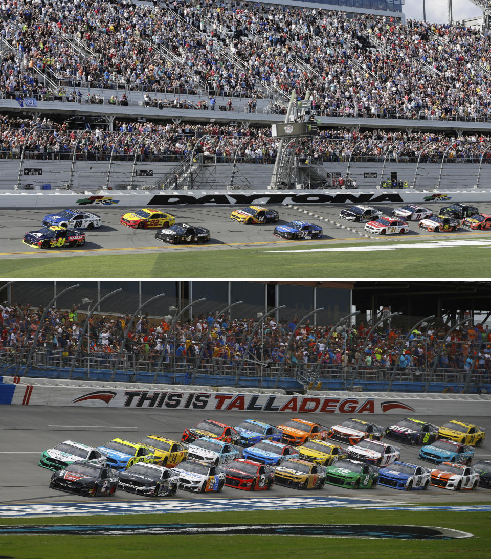 FILE - Top, in a Feb. 17, 2019, file photo, William Byron (24) and Alex Bowman (88) lead the field to start a NASCAR Daytona 500 auto race at Daytona International Speedway, in Daytona Beach, Fla. Bottom, in an April 28, 2019, file photo, Brad Keselowski (2) leads a pack of cars through the oval during the NASCAR Cup Series auto race at Talladega Superspeedway, in Talladega, Ala. NASCAR is buying International Speedway in a deal worth about $2 billion. The International Speedway Corp. owns some of the most well known car racing facilities in the United States, including the Daytona International Speedway in Florida, where it’s based, and the Talladega Superspeedway in Alabama. The companies said Wednesday, May 22, that deal is expected to close this year.(AP Photo/File)