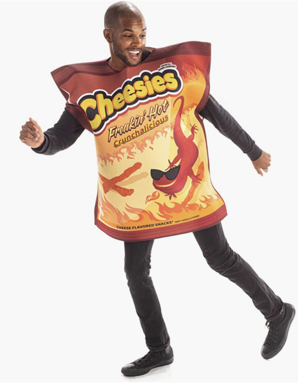 man wearing black pants and orange and red potato chip bag, Freakin' Hot Cheesies Halloween Costume (Photo via Amazon)