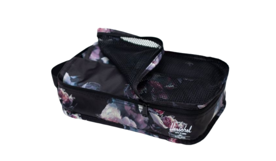 Black floral soft nylon zippered cube with mesh top.