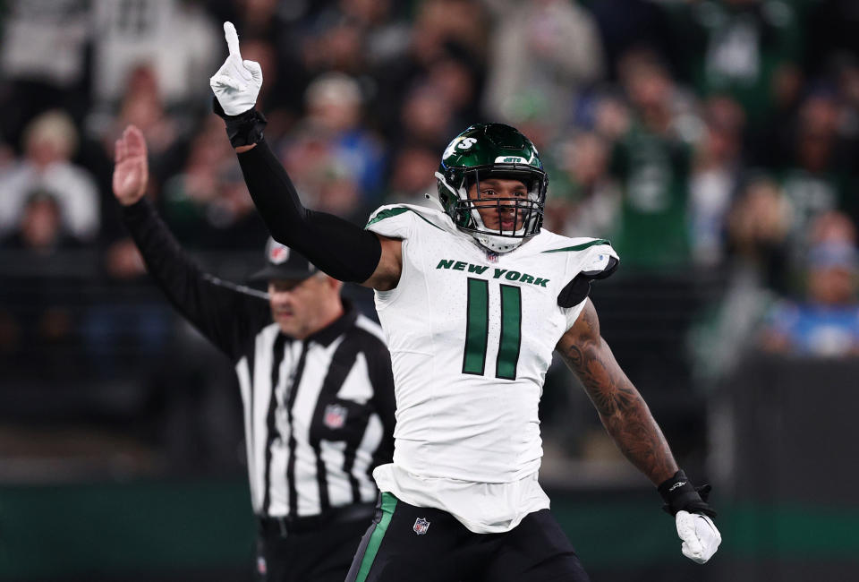 EAST RUTHERFORD, NEW JERSEY – NOVEMBER 06: Jermaine Johnson #11 of the New York Jets reacts after a sack during the second quarter against the Los Angeles Chargers at MetLife Stadium on November 06, 2023 in East Rutherford, New Jersey. (Photo by Elsa/Getty Images)