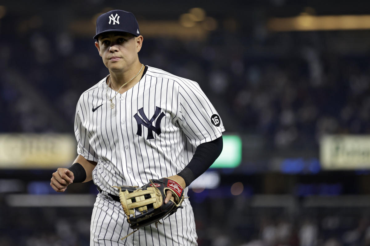 New York Yankees Gio Urshela smiles in the dugout before a