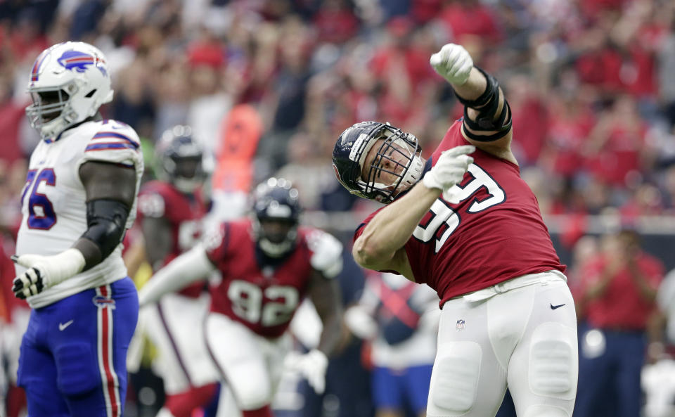 FILE - In this Sunday, Oct. 14, 2018, file photo, Houston Texans defensive end J.J. Watt (99) celebrates after he sacked Buffalo Bills quarterback Josh Allen during the first half of an NFL football game in Houston. Watt has seven sacks and three forced fumbles in the past four games. (AP Photo/Michael Wyke, FIle)