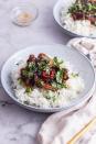 <p>This recipe features a spicy stir fried aubergine that's made with a sticky soy sauce glaze and thinly sliced onion and chilli. The aubergine is cooked until super tender and served over rice.</p><p>Get the <a href="https://thecookreport.co.uk/stir-fried-aubergine/" rel="nofollow noopener" target="_blank" data-ylk="slk:Stir Fried Aubergine with Chilli;elm:context_link;itc:0;sec:content-canvas" class="link ">Stir Fried Aubergine with Chilli</a> recipe.</p><p>Recipe from <a href="https://thecookreport.co.uk/" rel="nofollow noopener" target="_blank" data-ylk="slk:The Cook Report;elm:context_link;itc:0;sec:content-canvas" class="link ">The Cook Report</a>. </p>