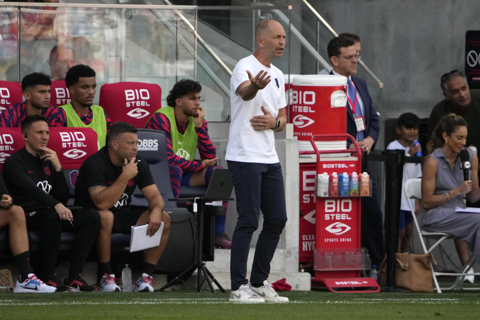 United States head coach Gregg Berhalter watches from the sidelines during the first half of an international friendly soccer match against Uzbekistan Saturday, Sept. 9, 2023, in St. Louis. (AP Photo/Jeff Roberson)