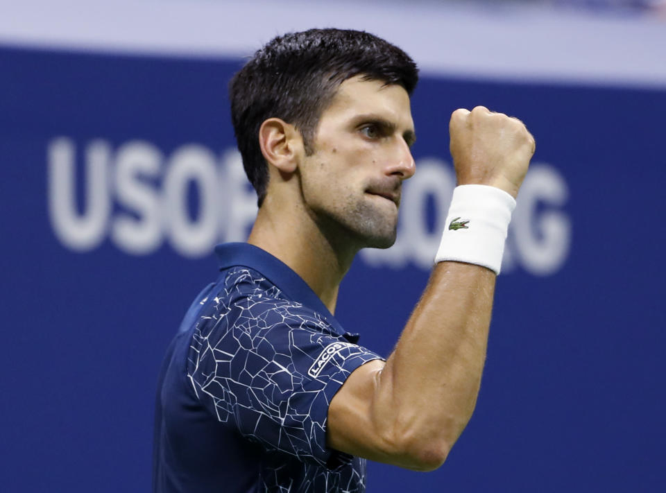 Novak Djokovic, of Serbia, reacts against Kei Nishikori, of Japan, during the semifinals of the U.S. Open tennis tournament, Friday, Sept. 7, 2018, in New York. (AP Photo/Adam Hunger)