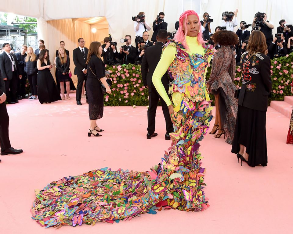 Keiynan Lonsdale wearing a colourful dress at the Met Gala.