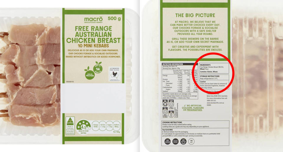 A photo of the front of the Macro Free Range Australian Chicken Breast before the change was made. A photo of the back which has the warning for wheat and gluten in small writing.