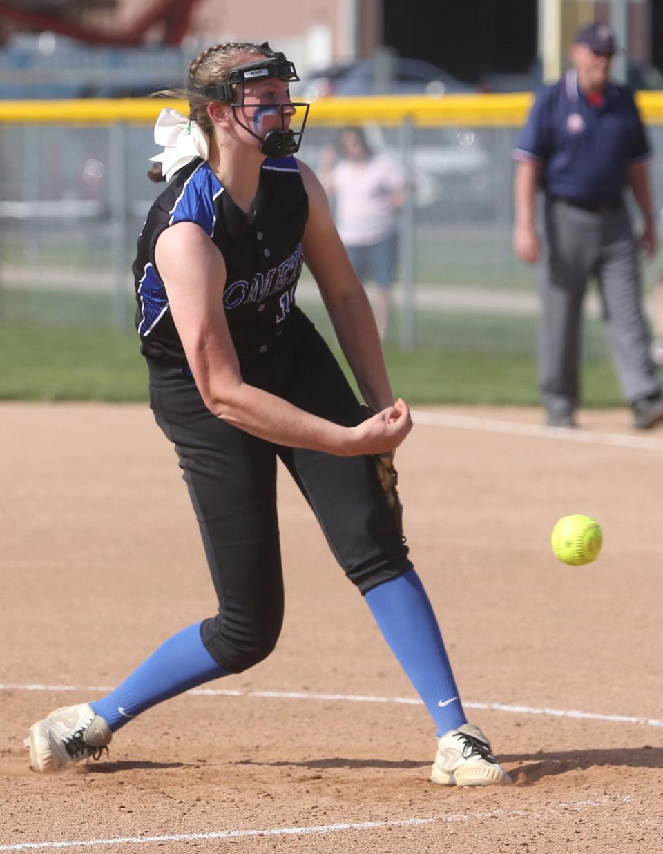 Coventry’s Alexis Jackson delivers a pitch against Revere during their Division II district semifinal game at Willig Park Tuesday, May 18,, 2021 in Canton, Ohio.