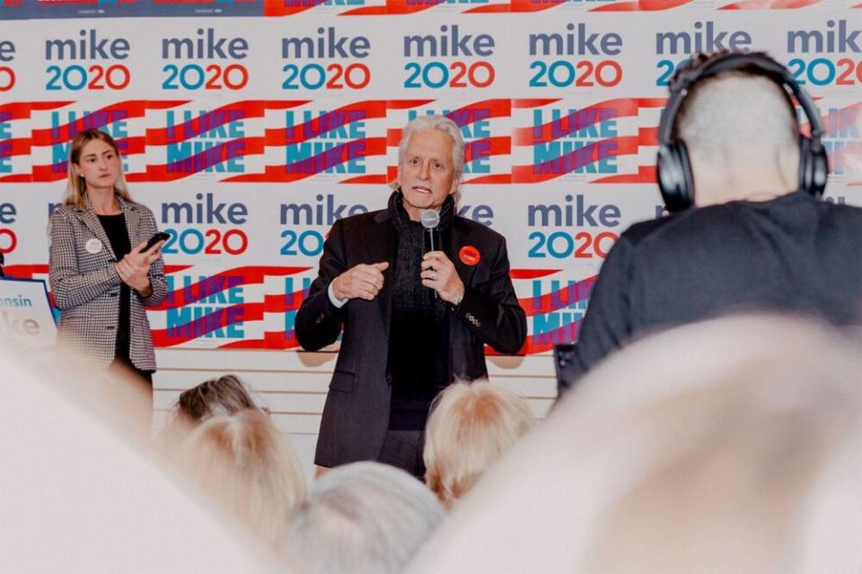 Michael Douglas (center) campaigning for Mike Bloomberg in Wisconsin on Saturday | Mike Bloomberg 2020