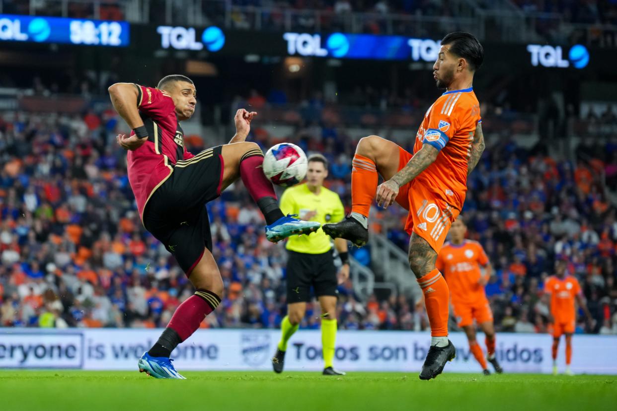 Forward Giorgos Giakoumakis,  left, is clearly Atlanta United's primary scoring threat. He has 22 regular-season goals in 31 appearances, including five goals and an assist this season, since his arrival in 2023.