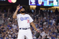 Los Angeles Dodgers relief pitcher Kenley Jansen gestures after striking out Colorado Rockies' C.J. Cron to end the baseball game Saturday, July 24, 2021, in Los Angeles. The Dodgers won 1-0. (AP Photo/Mark J. Terrill)