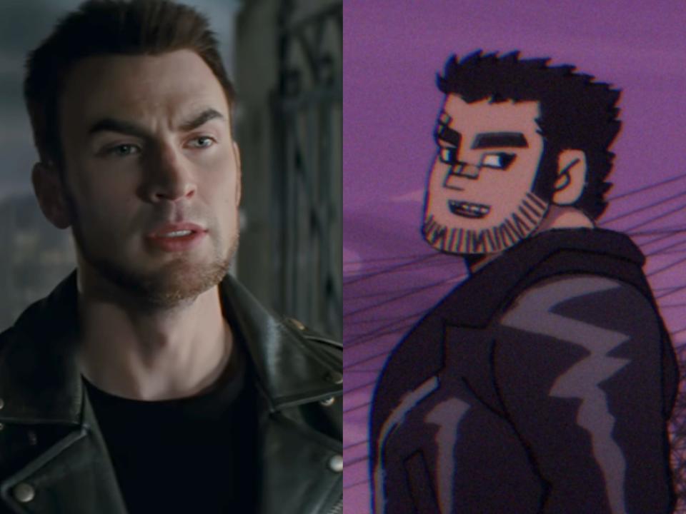 left: chris evans as lucas lee in the scott pilgrim movie, with facial hair, thick eyebrows, and a leather jacket; right: lucas lee in the anime, with a beard, flyaway hair, and a leather jacket, smiling