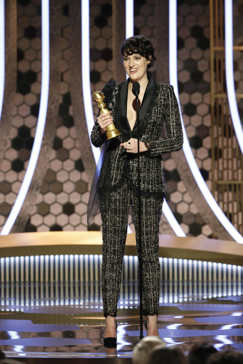 This image released by NBC shows Phoebe Waller-Bridge accepting the award for best actress in a comedy series for "Fleabag" at the 77th Annual Golden Globe Awards at the Beverly Hilton Hotel in Beverly Hills, Calif., on Sunday, Jan. 5, 2020. (Paul Drinkwater/NBC via AP)