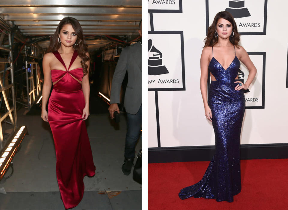 Selena Gomez in a red Cushnie et Ochs gown backstage at the Grammys; the “Hands to Myself” artist on the red carpet in a Calvin Klein cutout piece. (Getty Images)