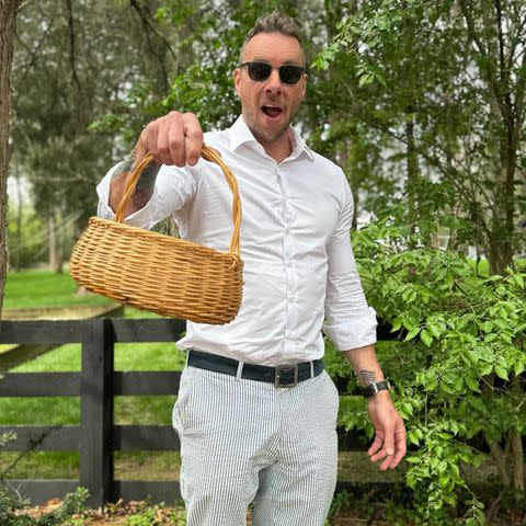 <p>Kristen Bell/Instagram</p> Dax Shepard holds up his Easter basket