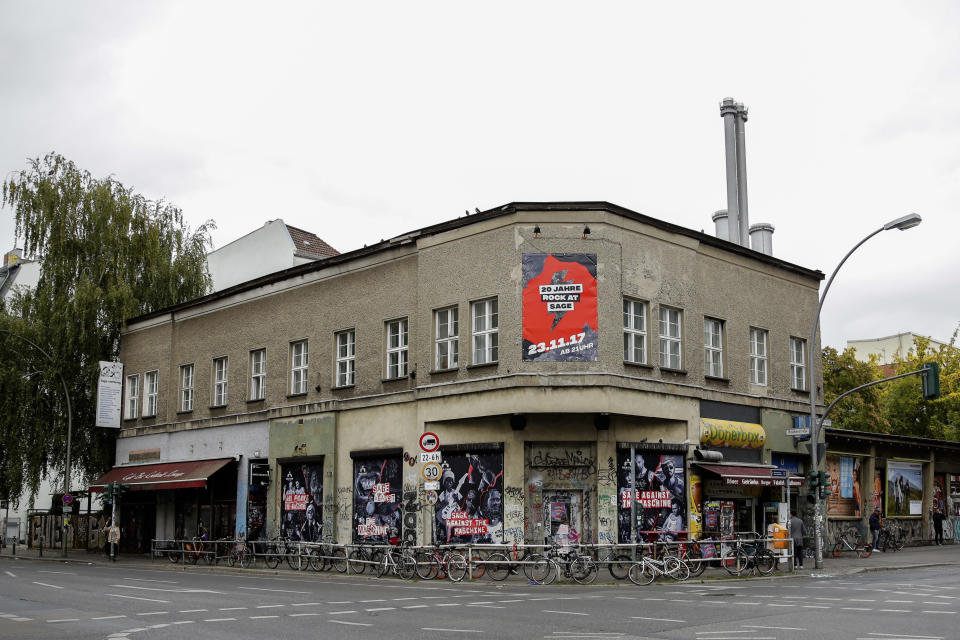 A general view on the building which, among other things, is the home of the Kit-Kat Club in Berlin, Thursday, Oct. 4, 2018. Patrons of the famed nightclub in the German capital are being told to immediately visit a doctor to be checked for bacterial meningitis after they may have been exposed to the life-threatening illness on the dance floor.  (AP Photo/Markus Schreiber)